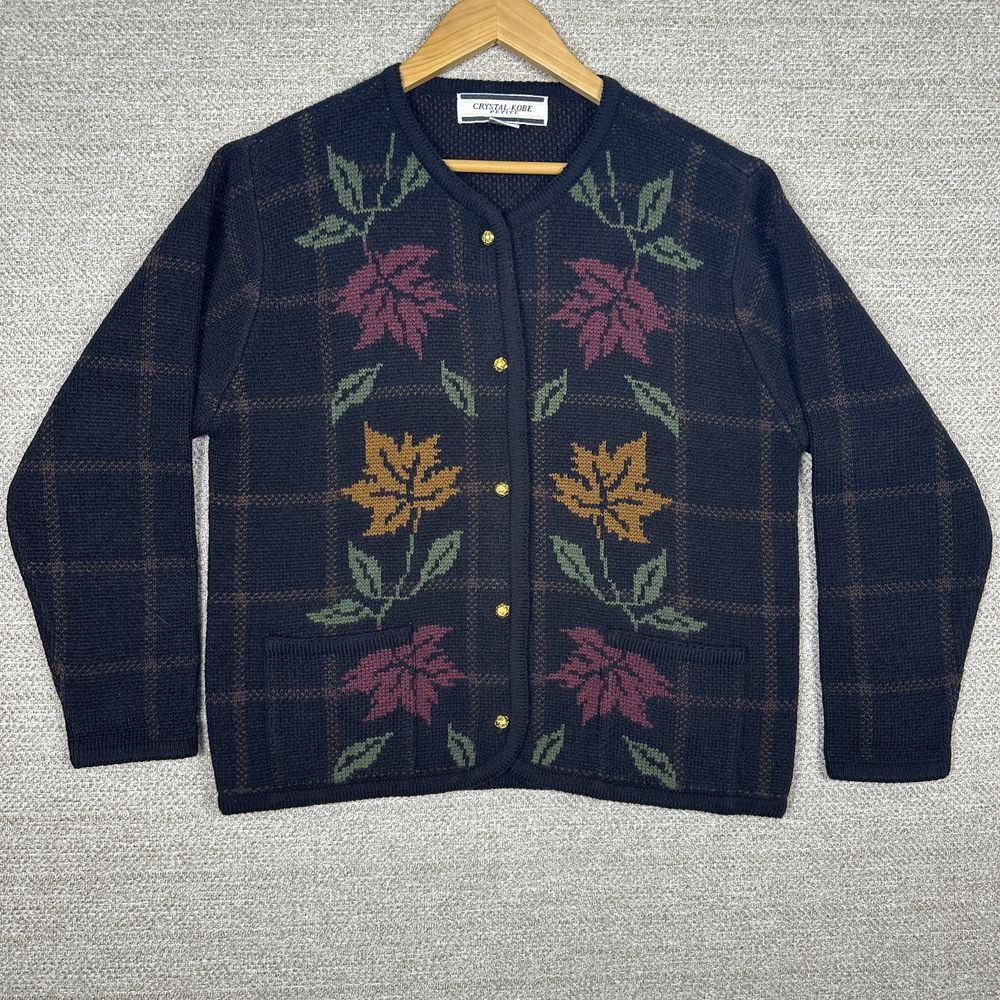 Crystal-Kobe Vintage Autumn Leaf Pattern Cardigan Sweater Navy‎ Blue Petite